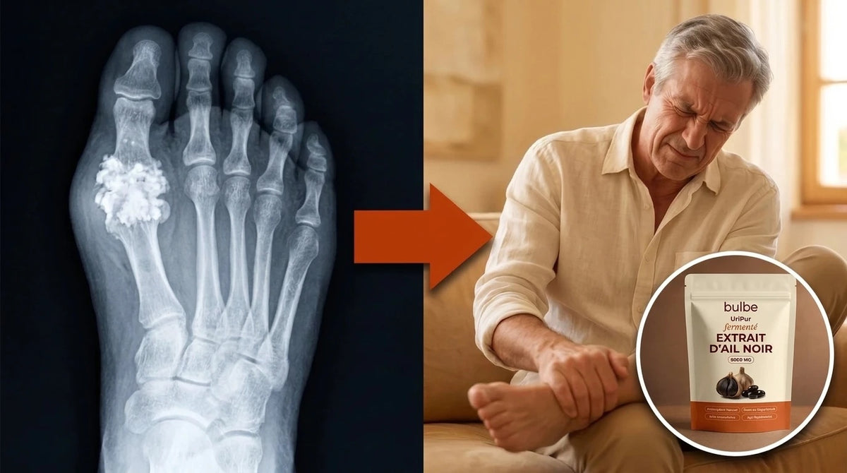 Radiographie d'un pied atteint de goutte et homme se tenant le genou