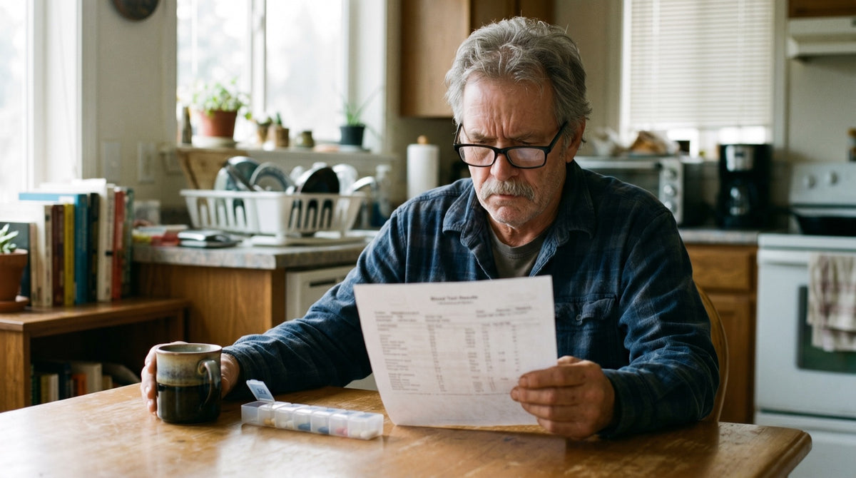 Homme lisant ses résultats d'analyses à la table de la cuisine
